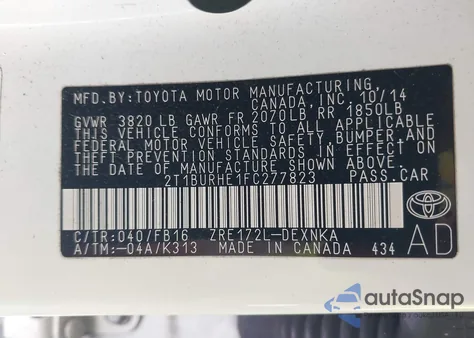 2015 Toyota Corolla Le from USA, damaged, VIN 2T1BURHE1FC277823